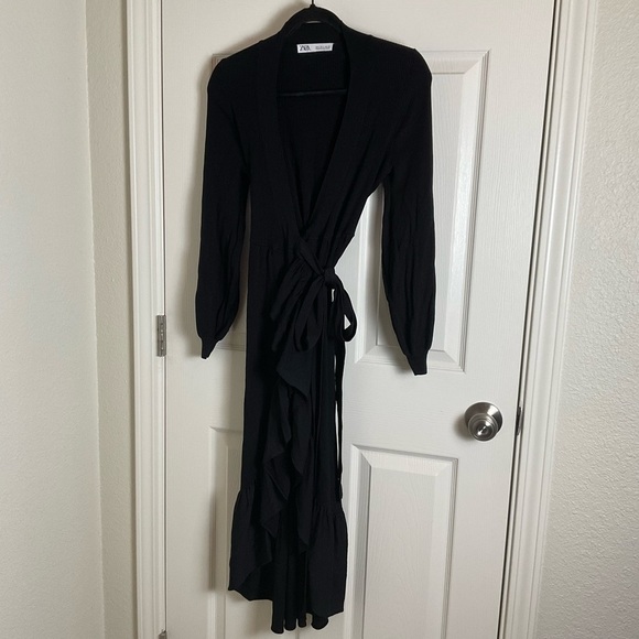 Zara Knit Ruffled Wrap Midi Dress Black size small - Picture 2 of 10